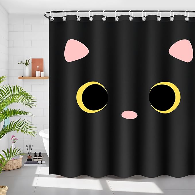 Black Cat Shower Curtain for Bathroom, Cute Cat Print Bathrooms Curtain, Waterproof Polyester Fabric Bathroom Home Decor with 12 Hooks, 71 x 71 Machine Washable (Black)