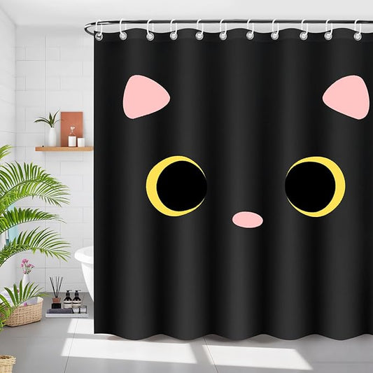 Black Cat Shower Curtain for Bathroom, Cute Cat Print Bathrooms Curtain, Waterproof Polyester Fabric Bathroom Home Decor with 12 Hooks, 71 x 71 Machine Washable (Black)
