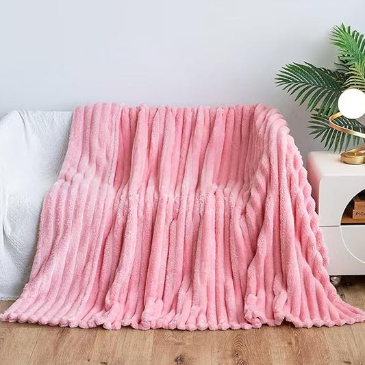 Pink Fleece Fuzzy Throw Blanket, 3D Fleece Ribbed Jacquard Blanket, Aesthetic Room Decor for Couch Sofa Bed, Gifts for Christmas, Birthdays
