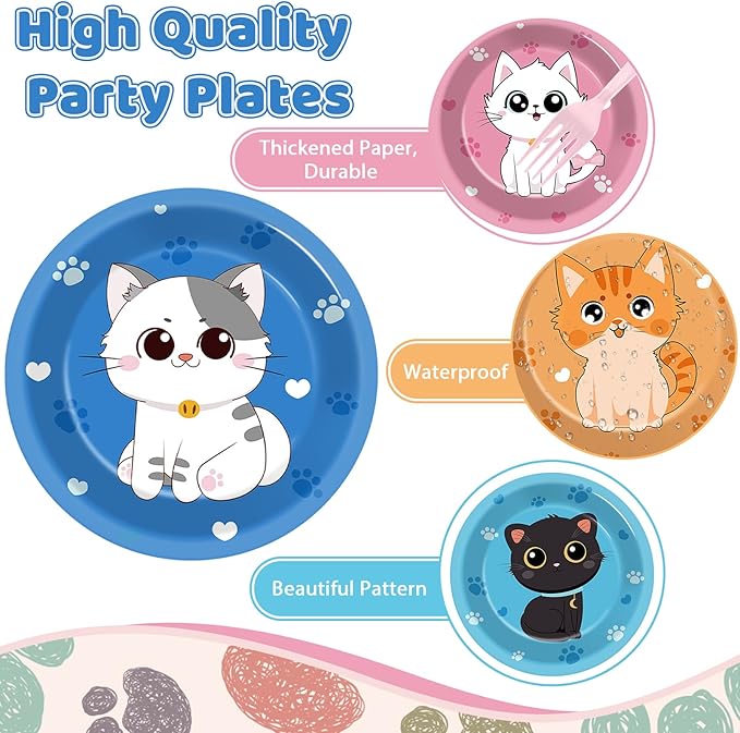 48Pcs 7" Cat Theme Party Paper Plates Kitten Dessert Birthday Supplies Kids Girls Birthday Dinner Table Decorations Cat Paw Disposable Dinnerware Plates for Baby Shower Party Favors