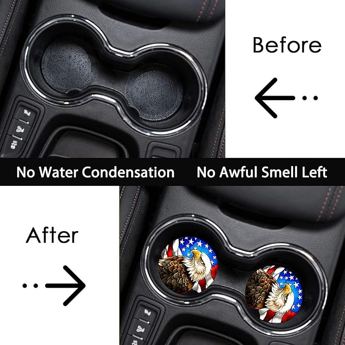 Car Coasters for Cup Holders,2 Pack US Flag and Bald Eagle Car Coasters,2.75" Universal Size Anti Slip Rubber Mat,Automotive Cup Holder Decor Accessories,US Flag Gifts for Women,Men,Mom