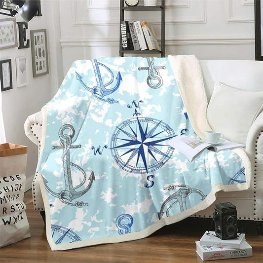 Anchor Decor Sherpa Blanket Nautical Compass Blanket for Bed Couch Travel Sofa Ocean Marine Themed Fleece Throw Blanket Kids Adults Soft and Cozy Sea Adventure Plush Fuzzy BlanketKing 87"x95"