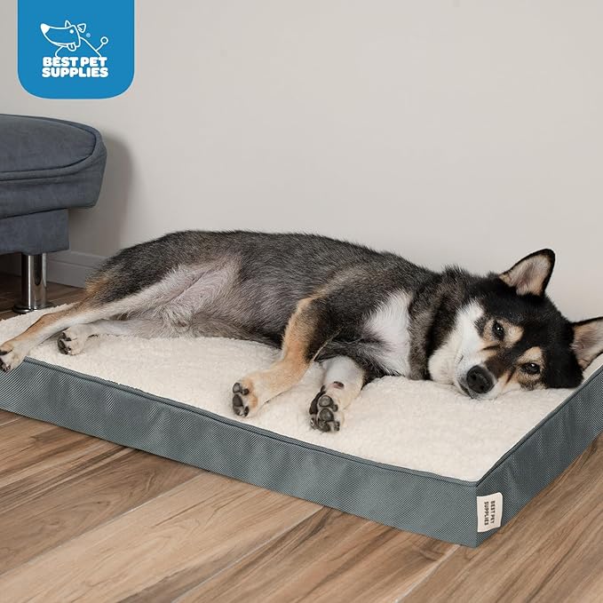 Best Pet Supplies Cute Dog Crate Mat Flat Bed with Waterproof Exterior, Thick Orthopedic Egg Foam Mattress, and Soft Sherpa Fleece Cover for Small, Medium, and Large Breeds - Gray, 41X29X4