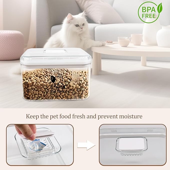 Cat Food Storage Container with Scoop,Plastic Pet Food Container With Flip Up Lid,Cat Food Treats Storage Bin,Keep Food Dry and Fresh,Stackable,Hold up to 6~7Lbs-BPA Free