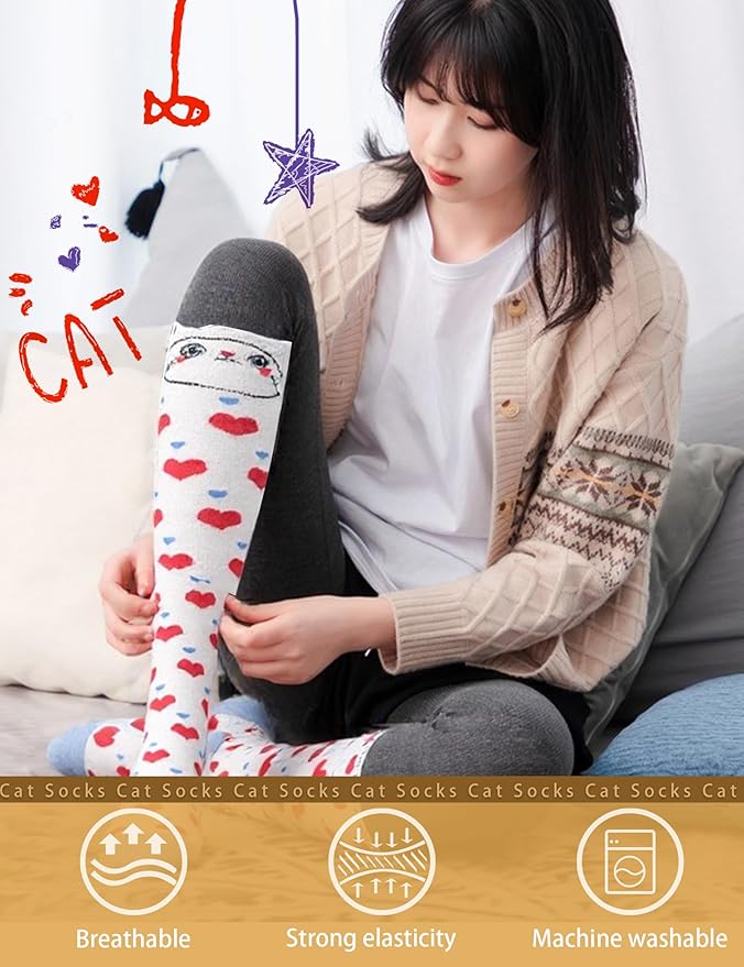 12 Pairs Cute Cat Knee High Socks for Women Cat Socks Women Knee High Socks Novelty Gifts For Women Teenage Girls Girlfriend Animal Lovers