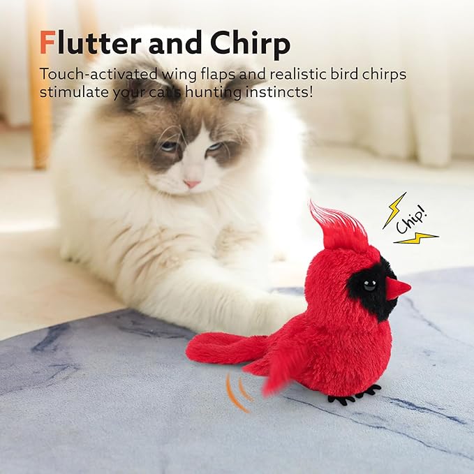 Flapping Cardinal Cat Toys, Interactive Cat Exercise Toy with Lifelike Bird Chirp, USB Rechargeable Automatic Cat Kicker Catnip Toys for Bored Indoor Adult Cats Kittens