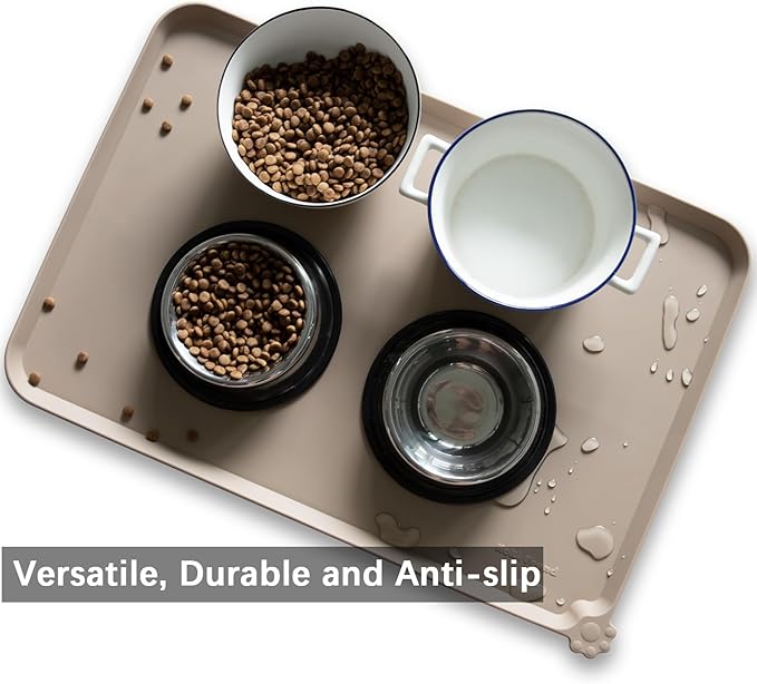 Hoki Found Large Silicone Pet Food Mats Tray - Non Slip Pet Dog Cat Bowl Mats Placemat - Dog Pet Cat Feeding Mat - Waterproof Dog Cat Food Mats -Pet Water Mats for Floors-Tan