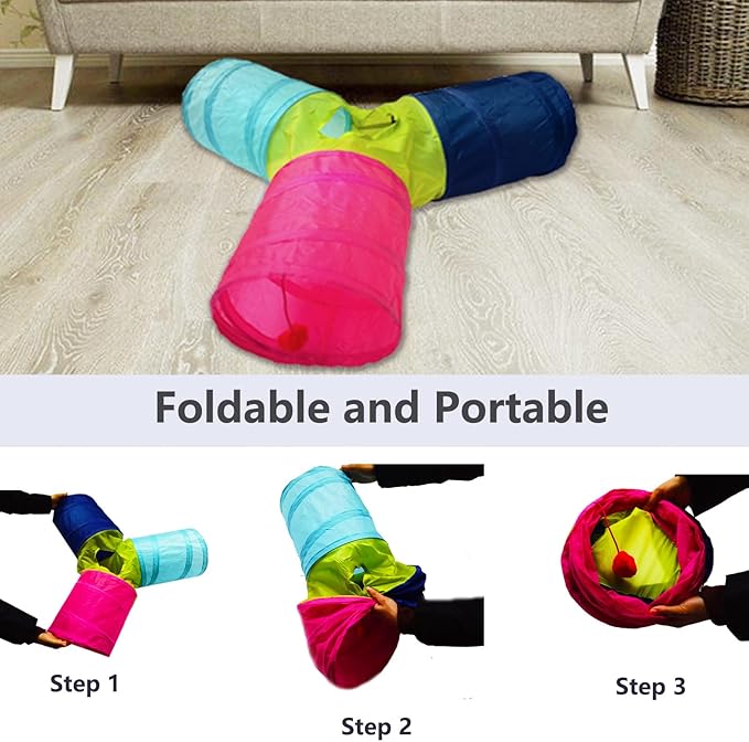 Cat Tunnel Tube Toys，Tunnels for Indoor Cats, 3 Way Colorful Collapsible Interactive Toy with Balls for Rabbits, Kittens, Ferrets, Puppy