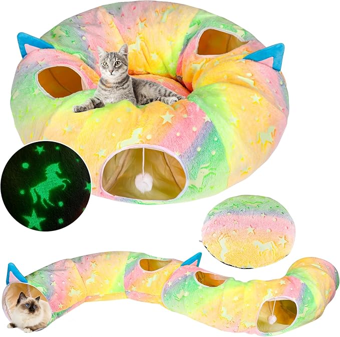 Cat Tunnel Bed for Indoor Cats,Cat Donut Tunnel with 4 Holes & Plush Ball Toys,Collapsible Self-Luminous Multifunctional Pet Playground Toys Hideplace for Kitten/Puppy/Rabbit,Rainbow