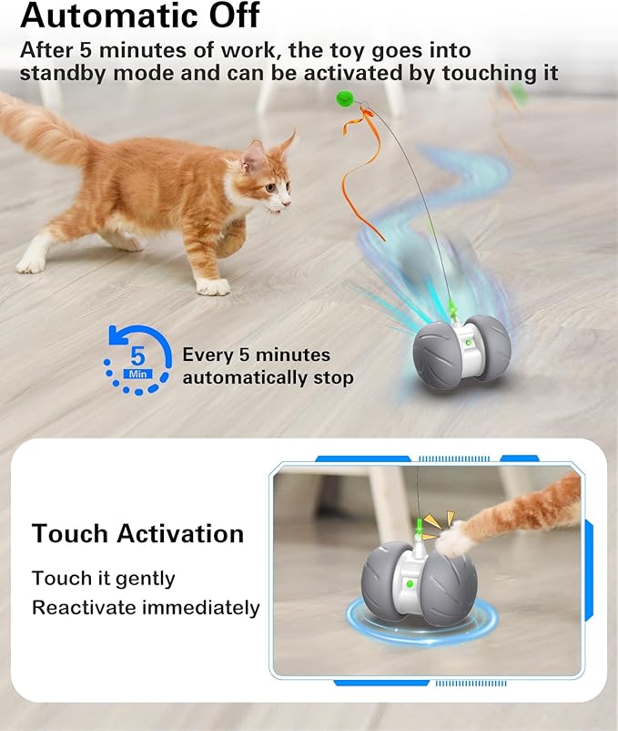 Interactive Cat Toys for Indoor Cats, Motion Activated Cat Toys, Automatic Cat Toy with Extra Long Feather Wand, Cat Mouse Toys,USB Rechargeable (Gray)