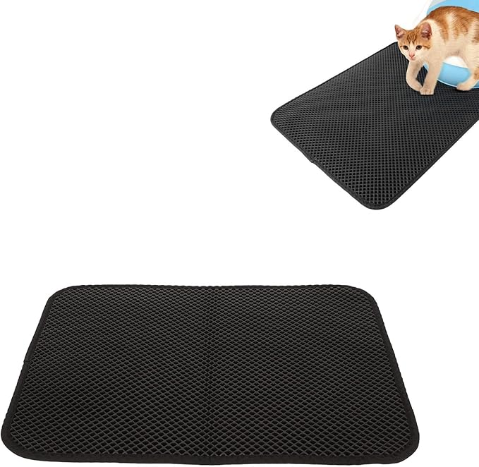 ASHATA Cat Litter Mat, Double Layer Design Urine Proof Trapper Mat for Litter Boxes, Double Layer EVA Litter Trapping Mat for Kitten, Easy to Clean Scatter Control (Black)
