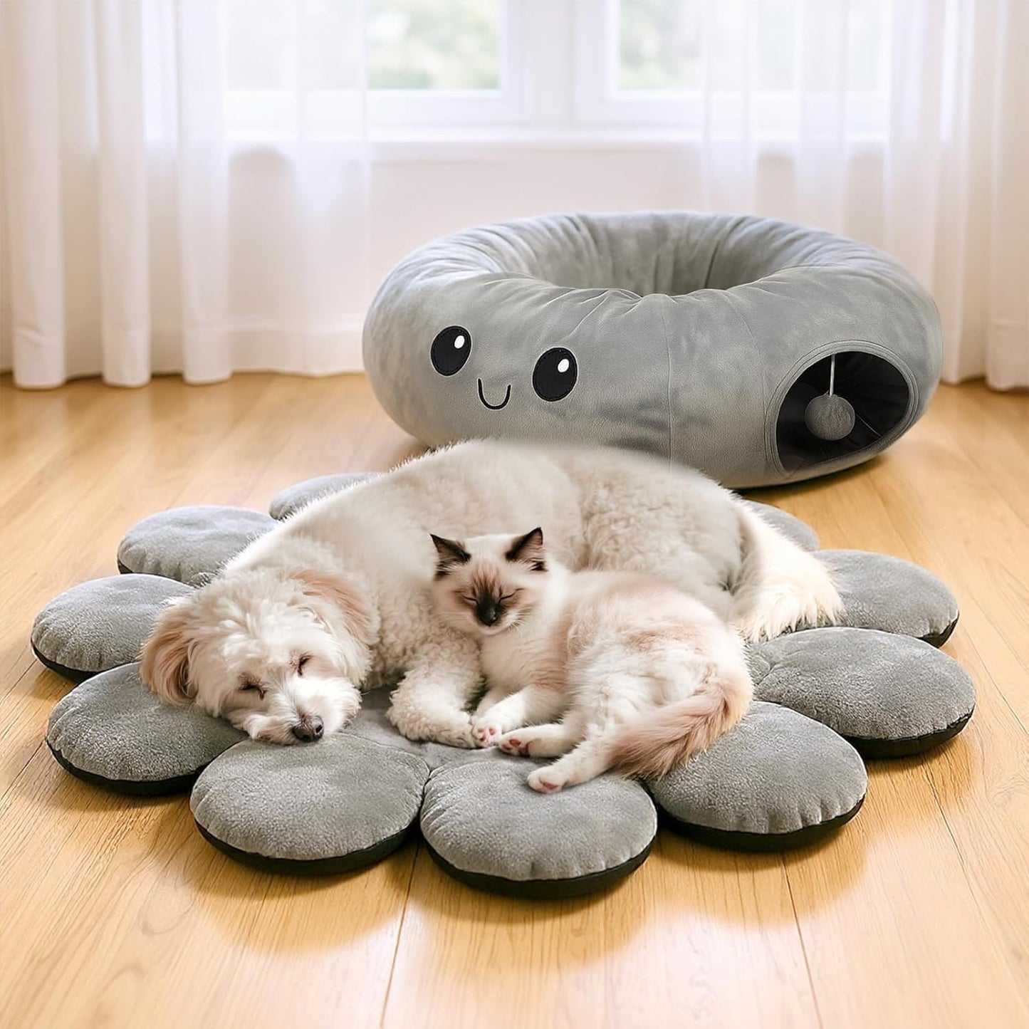 Cat Tunnel Bed for Indoor Cats, Peekaboo Cat Cave Bed,Soft Cat Donut Tunnel for Kitten Large Cats, Cute Green Octopus Shaped