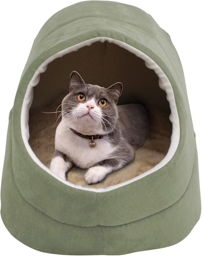 GOOPAWS Cat Cave for Cat and Warming Burrow Cat Bed, Pet Hideway Sleeping Cuddle Cave (Sage Green-2)