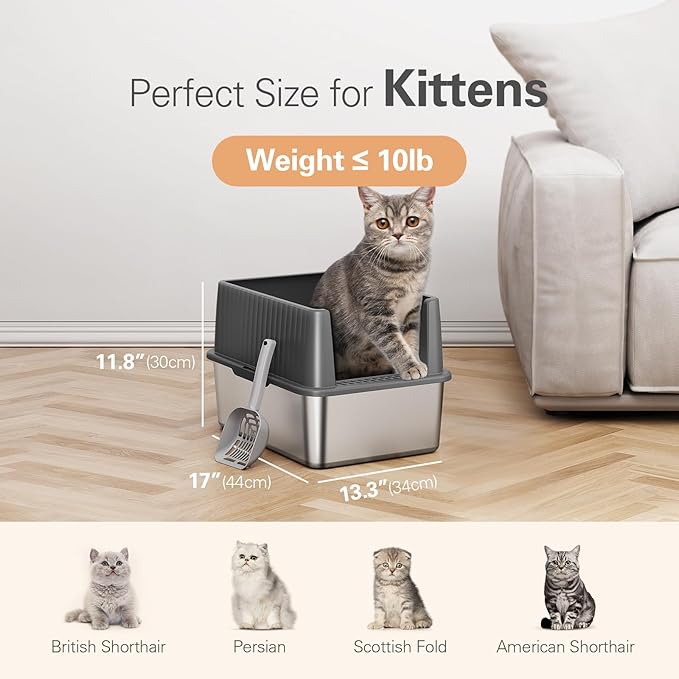 Barhon Stainless Steel Litter Box Small, Kitten Litter Box with High Sides 17" L x 13.3" W x 11.8" H, Metal Kitty Litter Box Easy to Clean, Non Sticky Bottom, Odor-Free, Light Grey