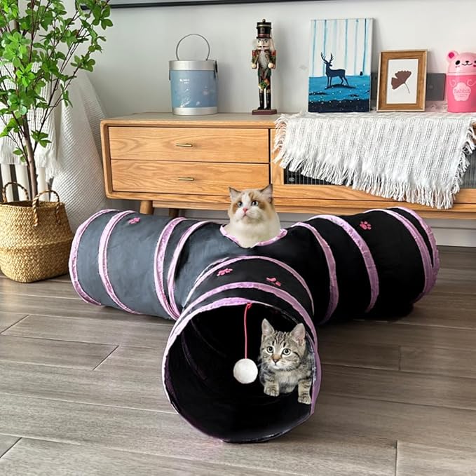 Cat Tunnel Tube Toys, Pink Paw Tunnels for Indoor Cats, 3 Way Collapsible Interactive Toy Maze House with Peek Holes Ball for Rabbit, Kitten, Kitty, Puppy