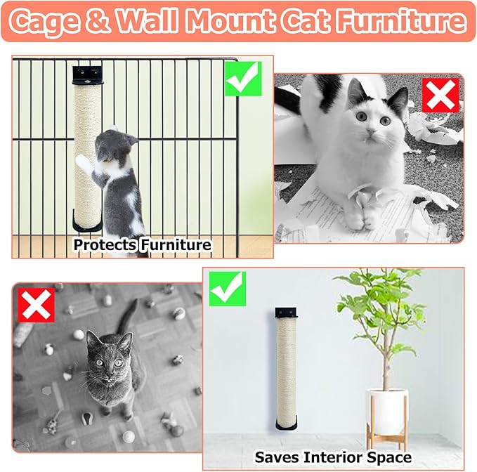 Cat Scratching Post Wall Mounted 2-in-1 Cage Mount Cat Scratcher 2 Pack Natural Sisal Kitty Scratch Posts for Indoor Kittens to Scratch and Climbing 15.7 x 2.7 inches (White)