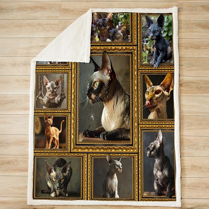 Feelyou Sphynx Cat Fleece Throw Blanket for Bed Sofa Couch Cute Cat Plush Blanket 40"x50" Kawaii Kitten Sherpa Blanket Gift for Canadian Hairless Lover Fuzzy Blanket Flannal Blanket