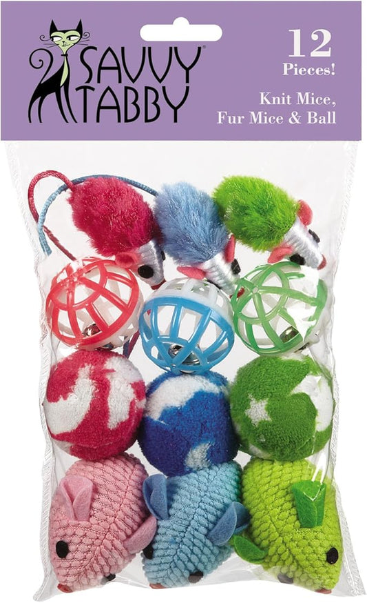 Knit Mice, Fur Mice, and Balls Cat Toys, 12-Packs