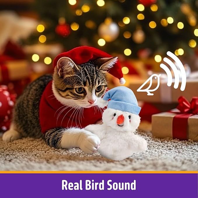 Interactive Christmas Cat Toys, Flapping Snowman Cat Toys, Lifelike Bird Chirp, USB Rechargeable Catnip Toy for Bored Indoor Cats Chase Exercise, 3 Modes