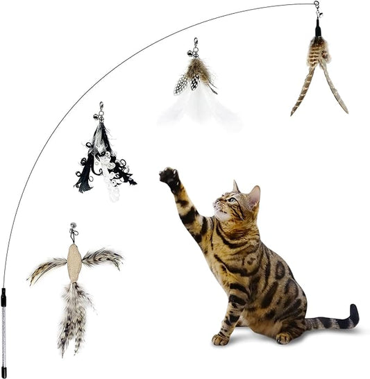 Cat Wand Toys, Interactive Bird Cat Toy Set,35'' Flexible Steel Wire and 4Pcs Cat Feather Refills,Cat Teaser Toy Cat Wand Toys for Indoor Cat and Kitten.