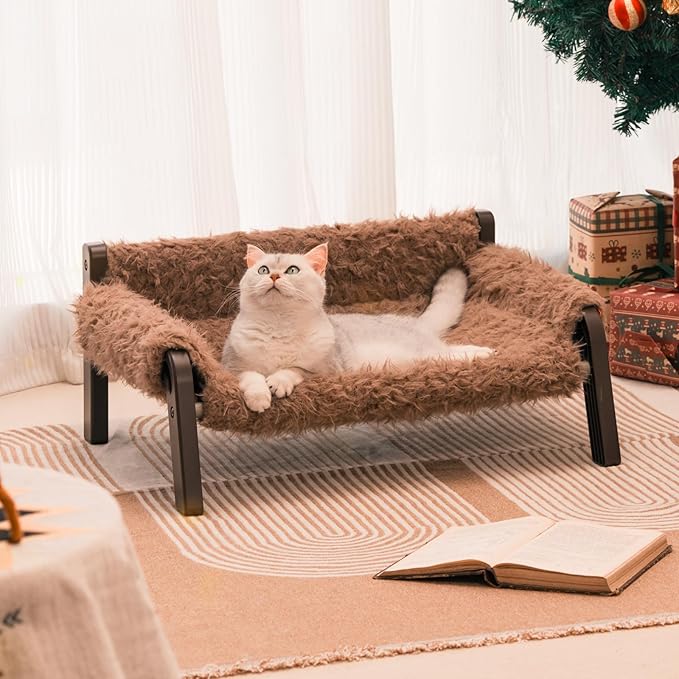 MEWOOFUN Cat Couch,Cat Sofa Elevated Cat Bed Small Elevated Dog Bed Cat Beds for Indoor Cats Kitten Bed with Non-Slip Bottom Pet Bed Indoor/Outdoor Up to 44 Lbs(Plush Brown)