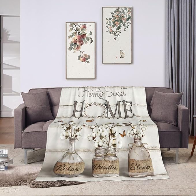 Farmhouse Floral Blanket for Women Girls Ultra Soft Cozy Cotton Flower Throw Blanket Fleece Fuzzy Plush Bedding Blanket Flower Gifts for Women Girls Kids Adults Couch Sofa 80"x60"