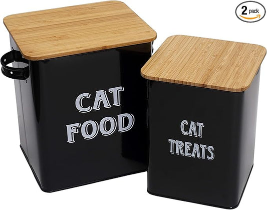 Cat Food and Treats Containers Set with Scoop for Cats or Dogs -Tight Fitting Wood Lids - Coated Carbon Steel - Storage Canister Tins-Cat-Black