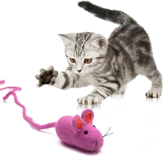 Glaciart One Felt Mouse Cat Toy – Soft Fuzzy Enrichment 100% Natural Wool Toy - Interactive Catnip Play Cat Toy Set - Safe for Pets, Non-AZO Colored Dyes - 100” Long