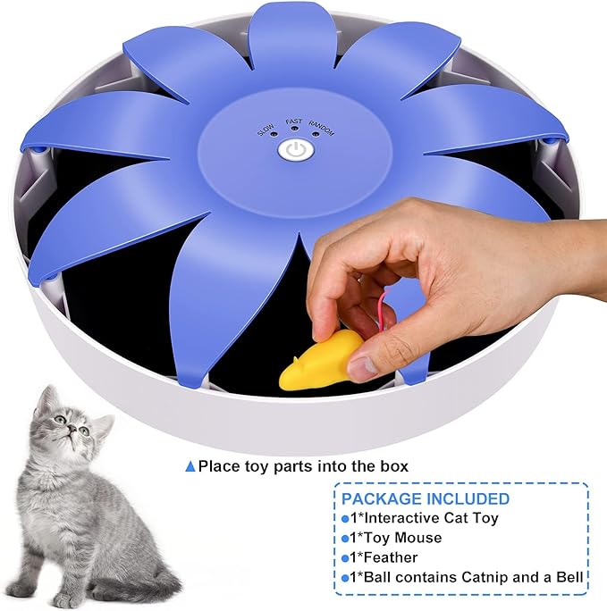 FluffyDream Automatic Electric Magnetic Spinning Cat Toys, Interactive, Rotation Cat Exercise Teaser Toy with Emulational Mouse, Fluffy Tails, Toys for Indoor Cats, Pets, 9.65” x 9.65” x 2.36”, Blue