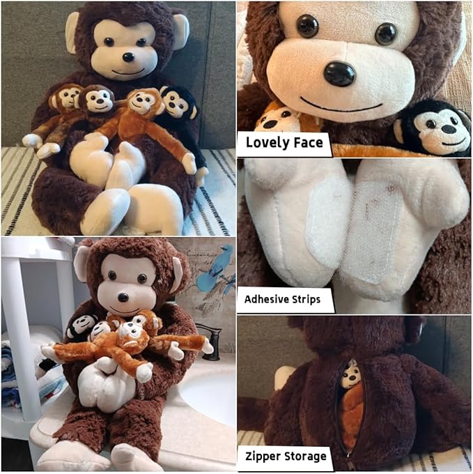 5 PCS Monkey Stuffed Animal, Large Mommy Stuffed Monkey Toy with 4 Baby Monkeys in Zippered Pouch, Huggable Monkeys Plush for Kids Forest Party Decor Christmas Birthday Gifts