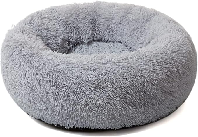 Large Dog Bed, Calming Donut Round Cat Bed for Medium Pet, Comfy Luxury Cuddler Anti Anxiety Plush Furry Cusion Mat(Grey 31.5")