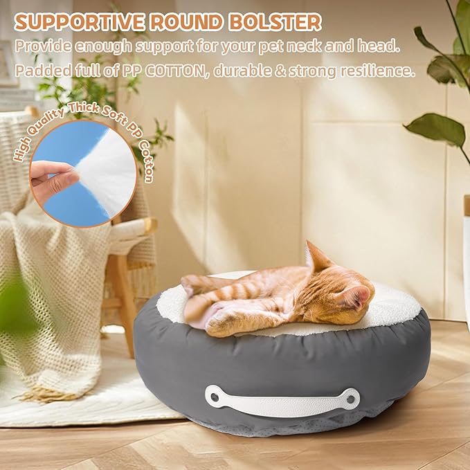 Cat Beds for Indoor Cats, 23 Inch Dog Bed for Small Melium Dogs, Washable Cat Cushion Bed with Slip-Resistant Bottom and Portable Handle (Gray)