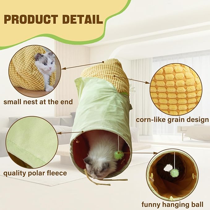 Cat Tunnel for Indoor Cat, Plush Cover Corn-Shaped Cat Tunnel Bed with Plush Cover, Length 33.5 Inch and Diameter 10.6 Inch, Suit for Kittens, Rabbits, Ferrets and Puppy