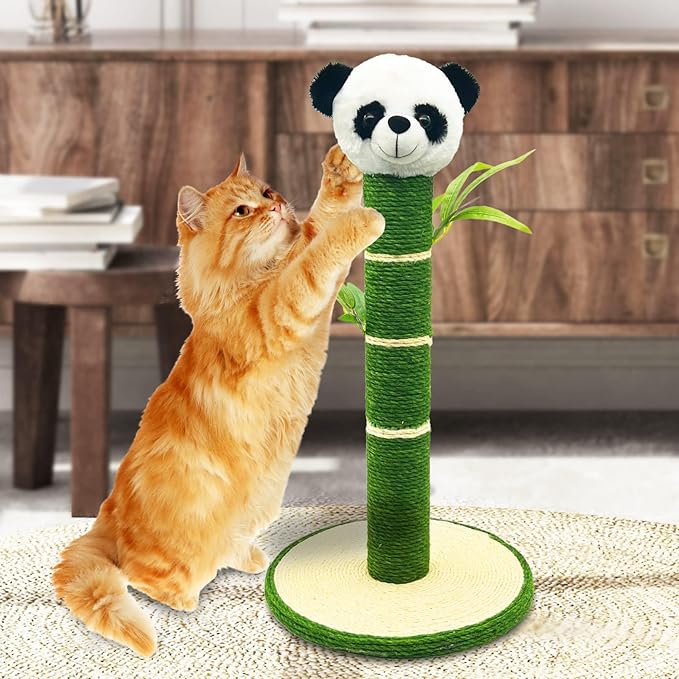 Tfwadmx Cat Scratching Post 23 inch Tall Cat Scratching Post with Sisal Rope Natural Sisal Cat Scraper with 3D Bamboo Leaves Panda Shape Scratching Posts for Indoor Cats and Kittens