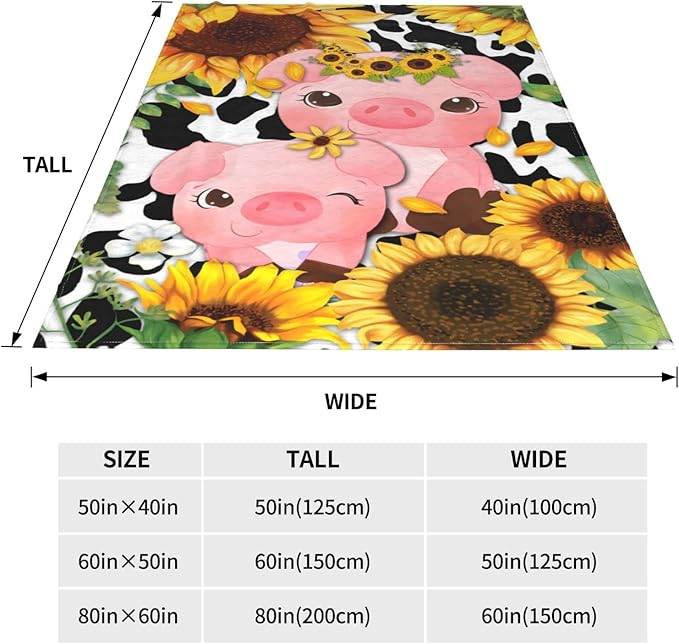Fuzzy Throw Blanket 350 GSM Fleece Ultra-Soft Microfiber Blanket for Adults Kids Gift Couch, Sofa, Bed Pig Cow Sunflower 80"x60"