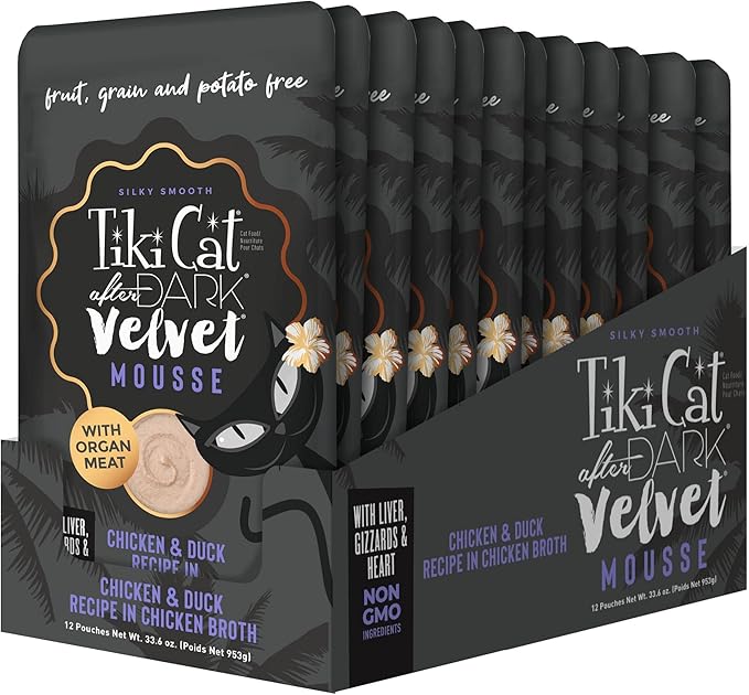 Tiki Cat After Dark, Velvet Mousse, Chicken & Duck Recipe in Chicken Broth, Grain & Potato Free Formula, with High Protein & Nutrient Dense Blended Irresistible Organ Meat, 2.8 oz. Pouch (Pack of 12)