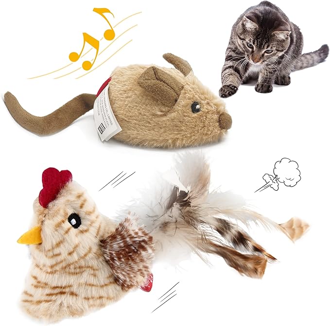 Gigwi Interactive Cat Toys Pack, Automatic Moving Mouse Electronic Cat Toys for Indoor Cats, Mouse Hunt Cat Toy for Kitten, 2 Pack (Brown Mouse & Chicken)
