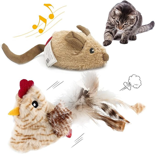 Gigwi Interactive Cat Toys Pack, Automatic Moving Mouse Electronic Cat Toys for Indoor Cats, Mouse Hunt Cat Toy for Kitten, 2 Pack (Brown Mouse & Chicken)