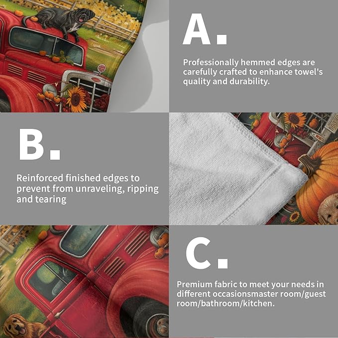 Giwawa Fall Farm Dogs Hand Towels Set of 2 Red Truck Decorative Dish Towel Soft Absorbent Seasonal Bath Towels for Bathroom Kitchen Spa Yoga