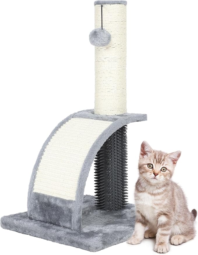 Tall Cat Scratching Post with Groomer, 19.6" Scratching Post with Wood Frame, Stable Sisal Cat Post with Extra Interactive Dangling Plush Toy,Protect Furniture