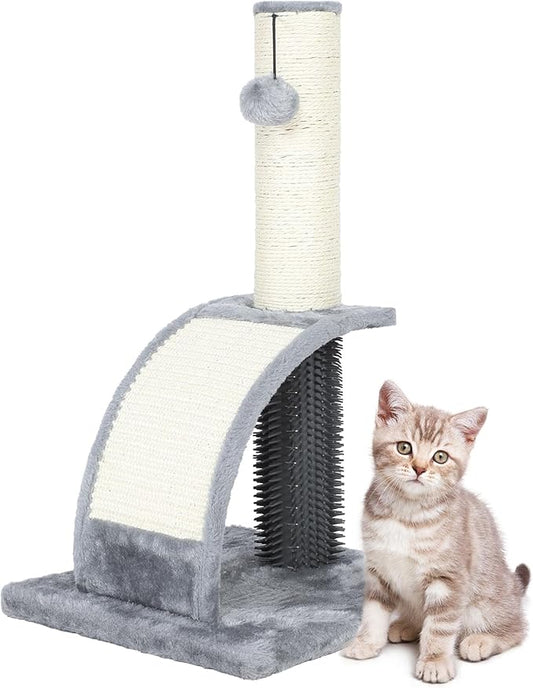 Tall Cat Scratching Post with Groomer, 19.6" Scratching Post with Wood Frame, Stable Sisal Cat Post with Extra Interactive Dangling Plush Toy,Protect Furniture