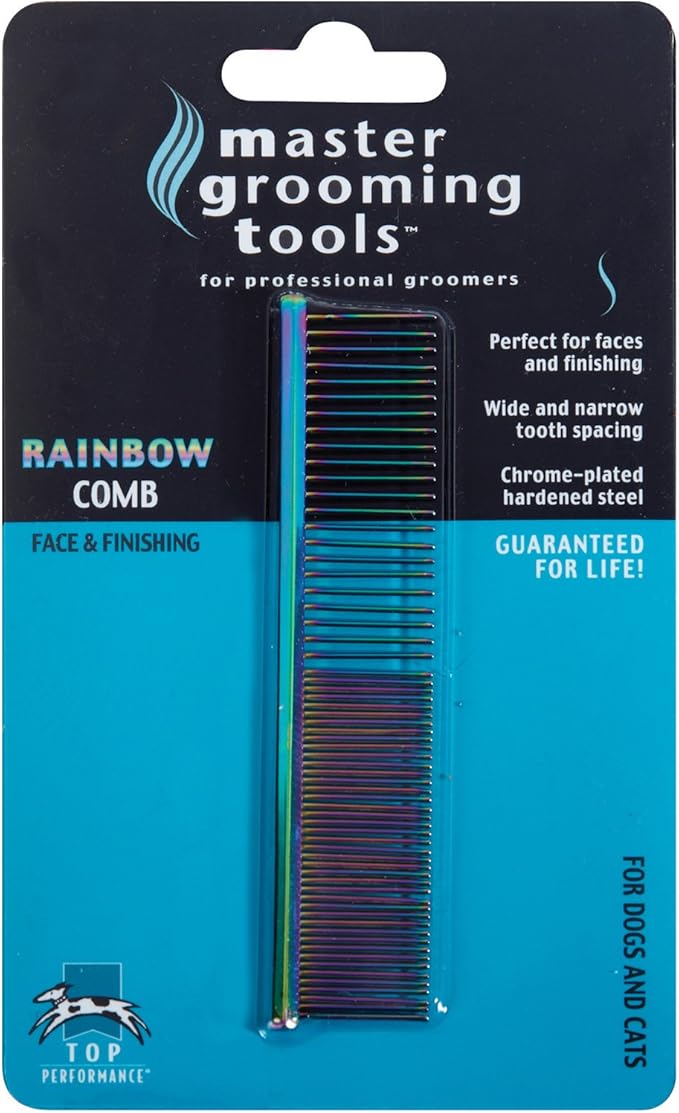 Master Grooming Tools Rainbow Greyhound Combs — European-Style Combs for Grooming Dogs - Fine/Coarse, 7½", Medium, blue