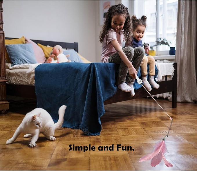 Cat Toys for Indoor Cats Retractable Cat Wand, with Feather & Mice, 3-in-1 Laser Pointer Interactive Cat Toy, 5 Modes, Kitten Toy for Indoor Cat and Dog (Pink)