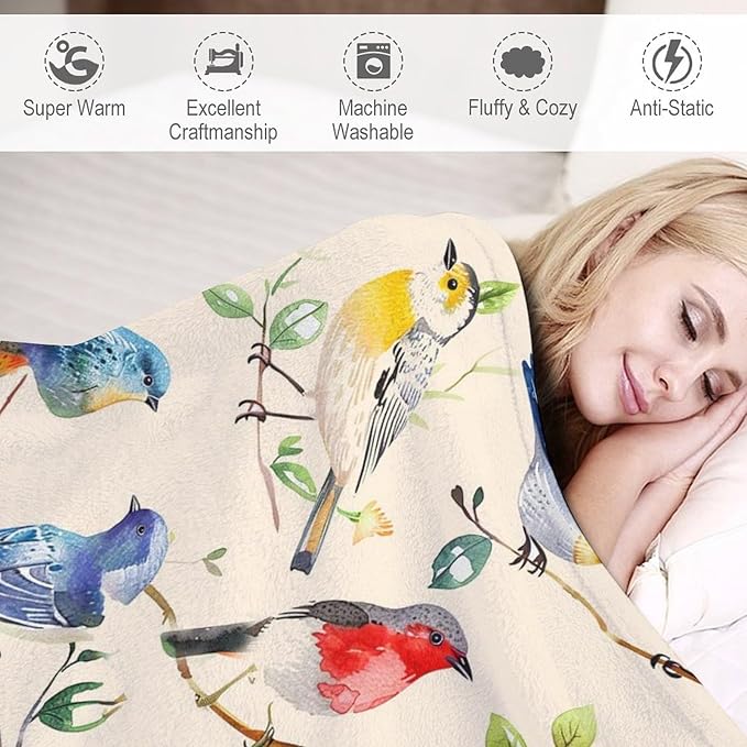 Birds Blanket Spring Gifts for Girls & Boys - Soft, Warm Fleece & Flannel Plush Blankets for Bed, Sofa, Couch - 50"x60"