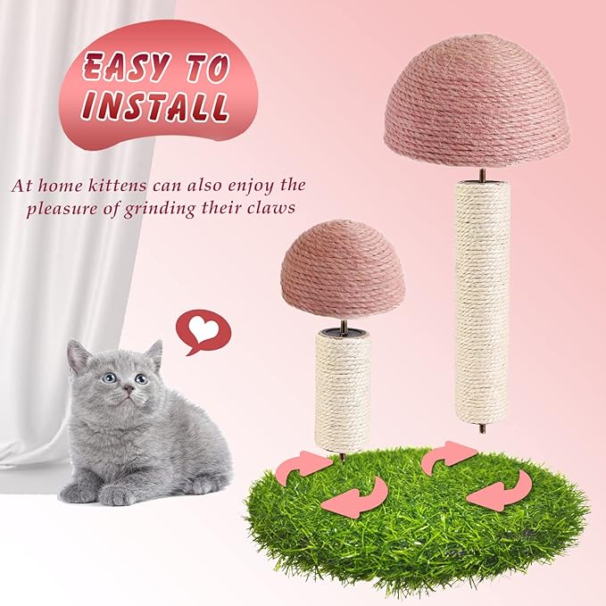 Cat Scratching Post - Mushroom Cat Scratcher Featuring with Natural Sisal Caps Scratch Pole and Sturdy Base for Kittens & Small Cats - Pink