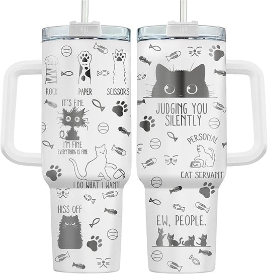 34HD Funny Black Cat Tumbler with Handle and Straw, 40oz Double Wall Vacuum Insulated Kitty Mug, Pet Gifts for Women Men, Cat Lover Gifts for Birthday Mothers Day Halloween Christmas