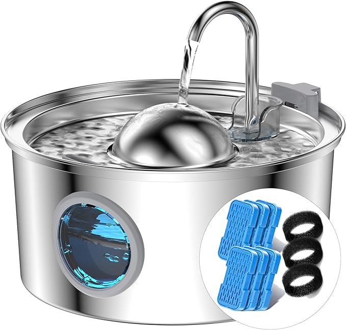 AONBOY Cat Water Fountain with Water Level Window, 108oz/3.2L Cat Fountain Stainless Steel, 6Filters + 3Sponge Filters, Faucet Shape Dog Water Fountain, Double Noise Reduction Design, Multi Filtration