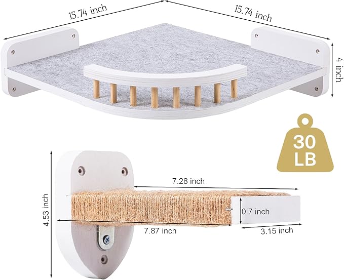 Cat Wall Shelves, Corner Cat Shelf with 3 Cat Wall Steps, Cat Shelves for Wall Large Cats Set, Cat Wall Bed with Plush Covered, Wall Mounted Cat Climbing Shelf for Indoor Cats (White)