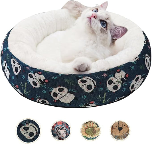 Circular Calming Dog & Cat Bed Anti-Anxiety Plush Dog Bed Washable Pet Bed with Anti Slip Backing Donut Cuddler with Cute Jacquard Patterns for Cat and Small Puppy 20" (X-Small, Panda)