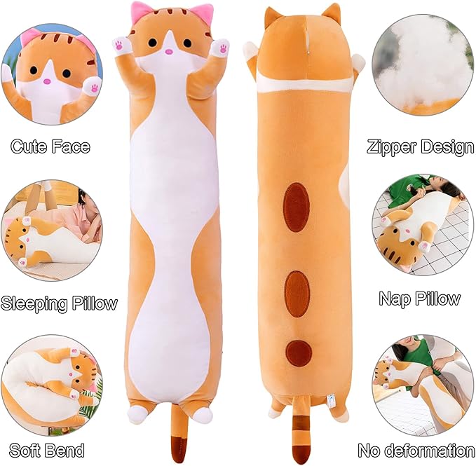 Giant Cat Pillow Plush Cartoon Kitty Sleeping Hugging Pillow, Cuddly Soft Long Kitten Body Pillow Doll Cat Cushion Toy for Kids Girlfriend (Yellow, 150cm/59inch)